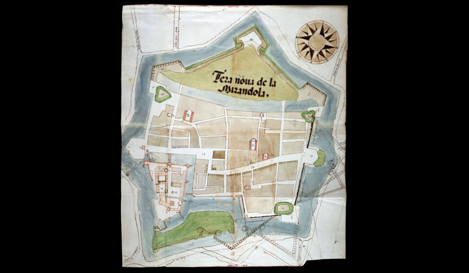 anonimo, Terra Nova de la Mirandola, disegno a penna su carta, parzialmente acquerellato, post 1561