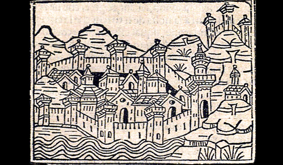 G.F. Foresti,Veduta di Mirandola, stampa, 1535