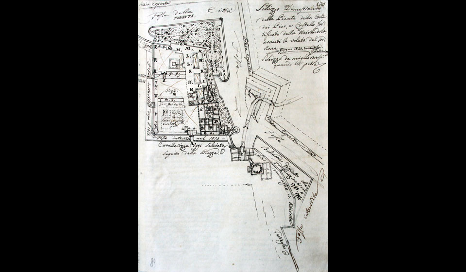 G. Paltrinieri, "Alcuni studi dell&rsquo;interno del celebre torrione della Mirandola", 1840 ca., particolare,