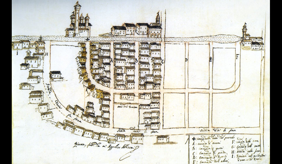 I. Alinovi, pianta di Finale, Disegno a inchiostro e acquerello, 1654